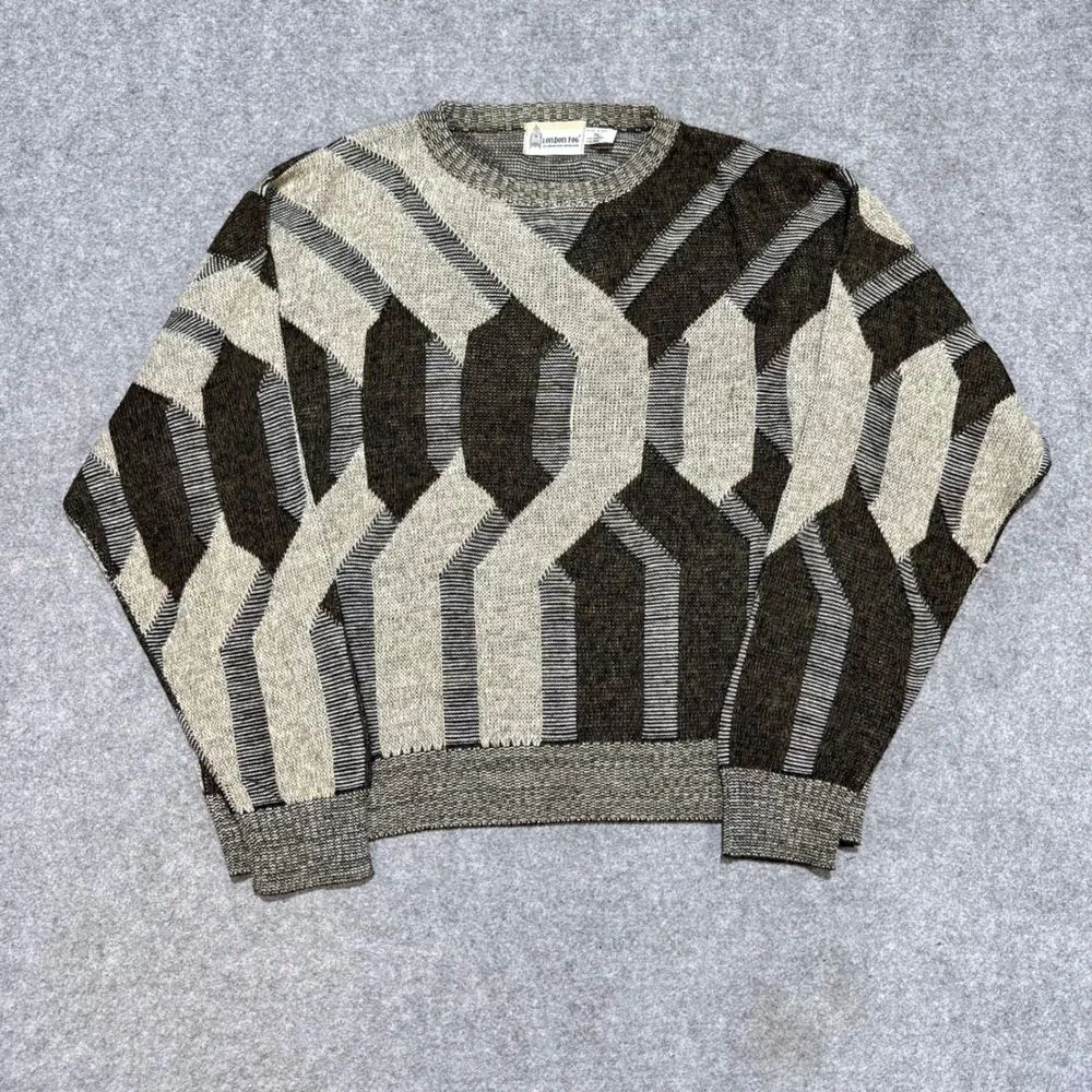 Vintage London Fog Mens XL Abstract Geometric Knit Sweater Brown Wool Blend USA